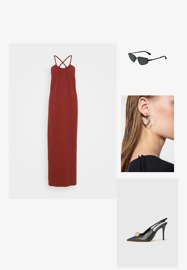 Maxikleid in Rostfarbe, aus weichem Stoff. Verfügt über einen gerafften Ausschnitt mit einer dekorativen Borte und überkreuzten Trägern im Rücken.; Schwarze Leder-Slingback-Pumps mit spitzer Zehenform, goldener Kugelakzent und schmalem Absatz. Verfügt über ein Ausschnitt-Design um den Knöchel.; Schwarze Metallsonnenbrille mit kantigen Rahmen und dunklen Gläsern. Verfügt über dünne, gerade Bügel und Nasenpads für einen sicheren Sitz.; Silberne Creolen mit polierter Oberfläche, die kleine goldene Akzentdetails und eine runde Form aufweisen, am Ohrläppchen getragen.