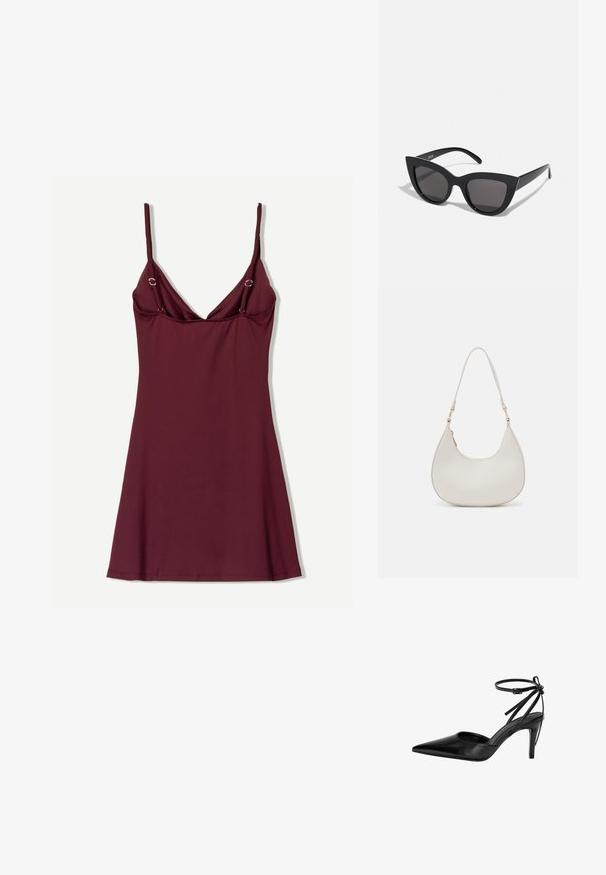 Bordo slip haljina od lagane tkanine, s V-izrezom, tankim naramenicama i metalnim detaljima blizu naramenica, s raširenim rubom.; Crne cipele s visokom potpeticom i špicastim vrhom, s izrezbarenom konstrukcijom i podesivom kaišicom oko gležnja. Cipele imaju glatku, sjajnu površinu i vitku potpeticu.; Crne mačkaste sunčane naočale s mat završnom obradom, sivo obojeni leće, oštri kutovi i elegantne bočne ručke. Ime brenda vidljivo na unutrašnjoj strani ručke.; Krem torba za rame u obliku polumjeseca, sa tankim remenom i suptilnim detaljem šavova. Minimalistički dizajn s akcentima od zlatnog tona.