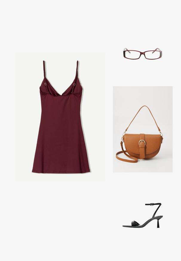 Burgundy sidentklänning i lätt stoff, med V-ringning, tunna axelband och metalldetaljer vid axelbanden, samt en utsvängd nederkant.; Bershka Sandaletter - black; Röda rektangulära glasögon med en elegant design. Klara linser, något genomskinliga skalmar och en gradienteffekt från röd till grå.; Brun läder crossbody-väska med en böjd form, gyllene detaljer och en spänneaccent. Har en avtagbar axelrem.