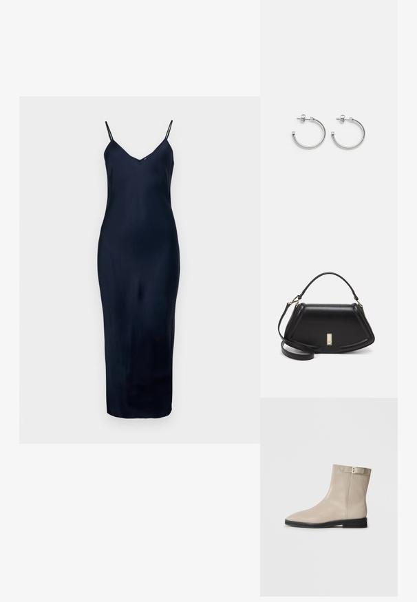 Granatowa, bezrękawnikowa sukienka z cienkimi ramiączkami, dekoltem w serek, gładką fakturą i dopasowanym krojem, sięgająca do połowy łydki.; Beżowe skórzane botki za kostkę z wydłużonym noskiem, czarną podeszwą, niskim obcasem i złotym paskiem z klamrą po zewnętrznej stronie, pokazane na białym tle.; Czarna skórzana torebka o strukturalnym designie, z przyciętą formą, górnym uchwytem i złotymi akcentami. W zestawie regulowany pasek na ramię.; Srebrne kolczyki w kształcie kół z fakturowanym wzorem przypominającym linę, z płaskim kwadratowym zapięciem, co tworzy minimalistyczny i nowoczesny wygląd.