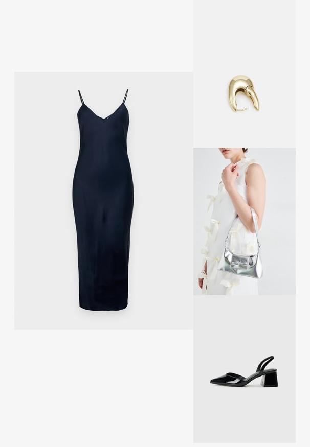 Jūras zila bezmugura kleita ar plānām siksnām, V veida dekoltē, gluda tekstūra un pieguļošs siluets, sasniedzot vidus teļu.; Melna lakota āda ar atvērto papēdi, ar smailu purngalu un ģeometrisku blokpapēdi. Iezīmējas elegants, minimāls dizains un gluda tekstūra.; Sudraba metāla rokassoma ar struktūru formu, aprīkota ar augšējo rokturi un priekšpusē esošu loku. Gluda tekstūra, atstarojoša virsma.; Zeltīti metāla auskari ar gludu, izliekta dizaina. Ar atšķirīgu smailu formu, pulētu virsmu un eņģu aizdari.