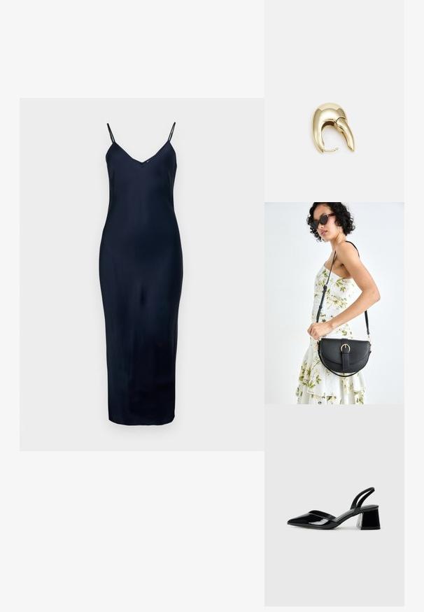 Námořnická modrá bezrukávová šaty s tenkými ramínky, výstřihem do V, hladkým povrchem a přiléhavým střihem, sahajícími až do poloviny lýtek.; Černé lakované kožené lodičky na pásku s špičatou špičkou a geometrickým blokovým podpatkem. Vyznačují se elegantním, minimalistickým designem a hladkým povrchem.; Černá kožená kabelka s křivkovým tvarem, odnímatelným popruhem a zlatými detaily. Kabelka má klopu s přezkou.; Náušnice ve zlatém tónu z kovu s elegantním zakřiveným designem. Vyznačují se jedinečným špičatým tvarem, lesklým povrchem a závěsem na kloub.