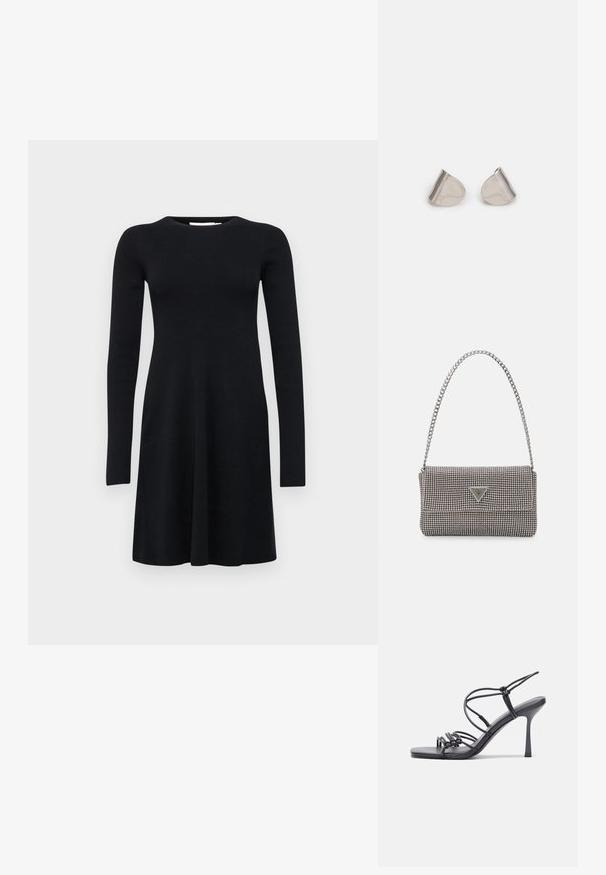 Calvin Klein Jeans CK INTARSIA - Sarafanas - black; Juodos aukštakulnės sandalai pasižymi plonyčiais dirželiais su mazgo dizainu, lygiu kvadratiniu pirštu ir elegantišku stiletto kulnu.; Šviesiai pilka metalinė rankinė su grandinėlės dirželiu, papuošta mažais apvaliais metaliniais smeigėmis ir trikampiu prekės ženklu.; Sidabriniai metaliniai auskarai su lygiu, ašaros formos dizainu ir blizgiu paviršiumi. Subtilūs raižiniai prideda detalumo. Minimalistinis dizainas.