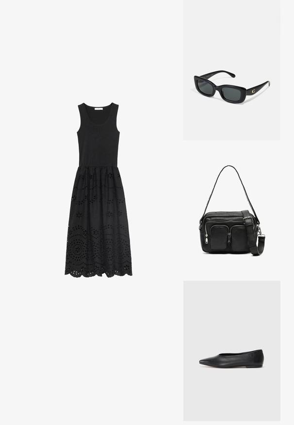 Mustat hihattomat mekko, jossa on istuva yläosa ja levenevä, hienosti brodeerattu helma, jossa on leikattuja kukkakuvioita.; Musta nahkainen ballerinatyyppinen kenkä, terävä kärki, minimalinen muotoilu, sileä pinta, matala korko, ei näkyvää metalliosaa tai koristeita.; Mustat suorakulmaiset aurinkolasit tummilla linsseillä, valmistettu sileästä muovista. Yhdessä sangan kohdalla on kultainen logotehoste.; Mustassa nahkaisessa olkalaukussa on kaksi etupuolen vetoketjullista taskua, jämäkkä muoto, säädettävä olkahihna ja teksturoitu pinta.