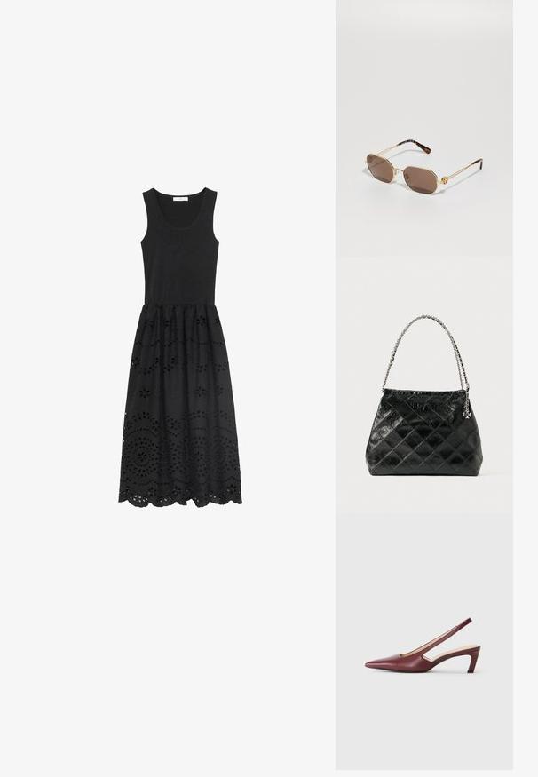 Schwarzes ärmelloses Kleid mit einer taillierten Oberseite und einem weit ausgestellt, aufwendig bestickten Rock mit durchbrochenen Blumenmustern.; Burgunderfarbene Slingback-High Heels mit spitzer Zehenform, Ausschnitten an den Seiten und einem Blockabsatz in mittlerer Höhe. Glatte Lederoberfläche.; Tory Burch Sonnenbrille - shiny gold-coloured; Schwarze gesteppte Lederhandtasche mit einem silbernen Kettenhenkel, die ein strukturiertes Design und eine glatte Textur aufweist.