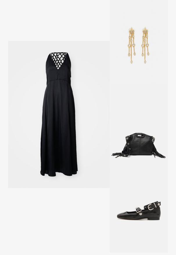 Čierne maxi šaty s výstrihom do V a krížovými ramienkami na chrbte. Ľahký materiál, voľný strih a dĺžka po členky.; Čierne lakované baleríny so štvorcovou špičkou, remienkom okolo členka so striebornými prvkami a plochou podrážkou. Hladký povrch s minimalistickým dizajnom.; Maje MISS MINI - Taška cez plece - noir; Zlaté náušnice s mnohými kaskádovými reťazcami, ozdobené jasnými oválnymi kryštálmi a dekoratívnymi puzdrami.