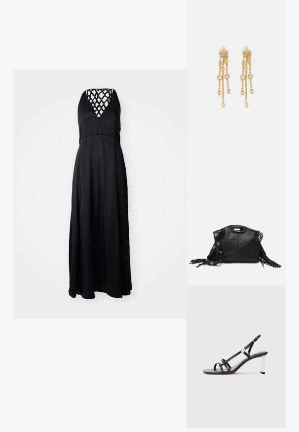Svart maxi-kjole med V-hals og kryssdesign på baksiden. Lett materiale, flytende silhuett og ankellengde.; Svarte hæler med flere smale stropper, slinga bak og sølvfarge på hælen. Glatt overmateriale og firkantet hæl.; Maje MISS MINI - Skulderveske - noir; Gullfargede øreringer med flere hengende kjeder, med klare ovale rhinestein aksenter og dekorative stud-topper.