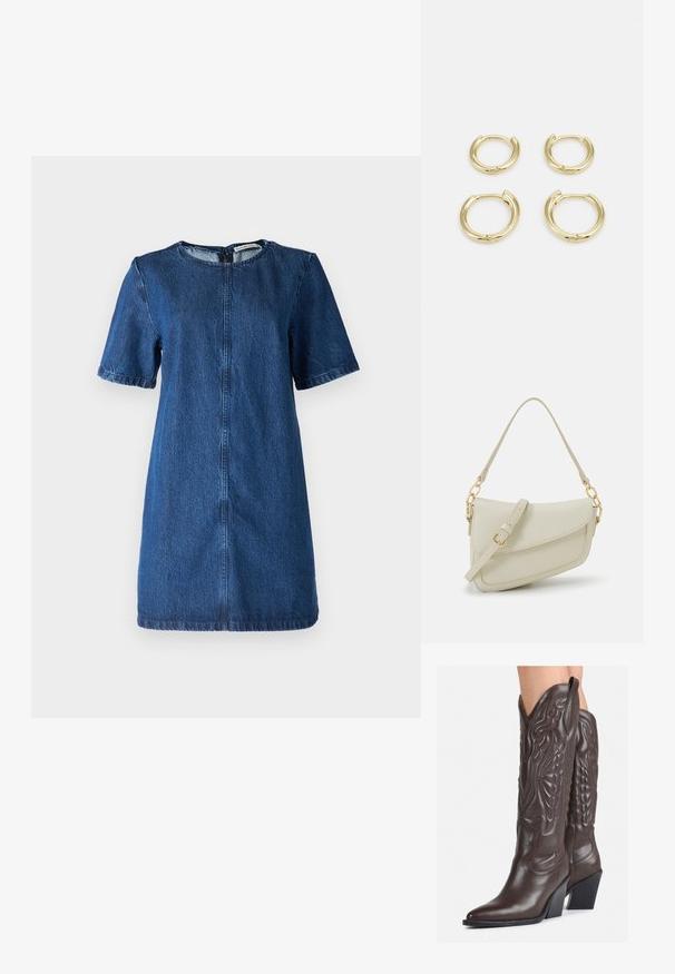 Abito in denim blu scuro, maniche corte, scollatura rotonda, lunghezza al ginocchio, con cuciture visibili e chiusura con zip sul retro.; Stivali da cowboy in pelle marrone con punta affusolata e tacco a blocco, caratterizzati da dettagliati ricami e accenti rialzati sul gambale.; Piccola borsa a tracolla crema con finitura testurizzata, una lunga tracolla regolabile, un accento a catena e chiusura a patta. Dettagli in hardware dorato.; Orecchini a cerchio dorati, quattro pezzi, finitura liscia, design arrotondato, di diverse dimensioni, con chiusura a cerniera per un facile utilizzo.