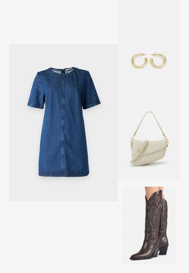 Denim obleka v temno modri barvi, kratki rokavi, okrogla izrez, do kolen, z vidnimi šivi in zadrgo na hrbtni strani.; Rjave usnjene kavbojske čevlje z ostrim nosom in blok peto, ki vsebujejo podrobno šivanje in dvignjene dodatke na zgornjem delu.; Mala kremna torbica z teksturiranim zaključkom, dolgim nastavljivim trakom, verižnim poudarkom in zapiranjem na poklop. Detajli iz zlatega kovinskega materiala.; Zlate uhane v obliki obročkov z gladko, sijočo površino. Krožna zasnova s majhnim nosilcem in prozornim podplatom za varno nošenje.