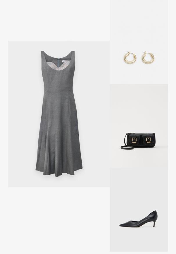 Šedé bezramínkové šaty s kulatým výstřihem, rozšířenou sukní a skrytým zipem na zadní straně. Vyrobeno z texturované látky se hladkou podšívkou.; Černá kožená lodička s špičatou špičkou a nízkým podpatkem. Má hladkou texturu a jemný lesk. Přední část je otevřená pro zvýraznění detailu.; Černá kožená crossbody taška se dvěma předními kapsami, zlatými přezkami, zipovým uzávěrem a štíhlým popruhem. Texturovaný povrch a kompaktní obdélníkový tvar.; Černá kožená crossbody taška se dvěma předními kapsami, zlatými přezkami, zipovým uzávěrem a štíhlým popruhem. Texturovaný povrch a kompaktní obdélníkový tvar.; Lauren Ralph Lauren BASIC SMALL HOOP - Náušnice - gold-coloured