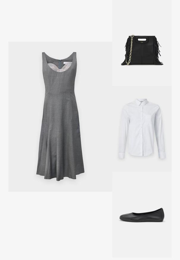 Szürke ujjatlan ruha, kerek nyakkivágással, bővülő szoknyával és rejtett hátsó cipzárral. Texturált anyagból készült, sima béléssel.; Fehér, hosszú ujjú ing, amely pamutból készült. Gombos elülső rész, hegyes gallér és egy mellzseb a bal oldalon.; Fekete bőr balettcipő lekerekített orral, sima tekstúrával, minimális varrással és rugalmas talp kialakítással.; Fekete bőr kézitáska, frufrus részletekkel, arany láncos vállpánttal és kivágott fogantyúval. Az elülső részen logó található.