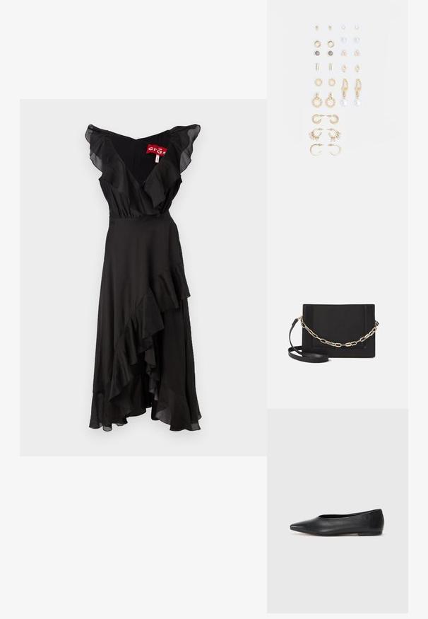 Fekete ruha fodros ujjakkal és réteges hemnél. Puha anyagból készült, V-dekoltázzsal és légies sziluettel.; Fekete bőr balettcipő, hegyes orral, minimalista dizájn, sima textúra, alacsony sarkú, látható fémrész vagy díszítés nélkül.; Fekete bőr keresztpántos táska, sima textúrával, téglalap alakú és fém lánc részlettel az elején. Állítható pánttal ellátva.; Arany tónusú fülbevalók szettje, amely különféle mintákat tartalmaz, beleértve a stift fülbevalókat, karikákat és gyöngyökkel és strasszokkal díszített hosszú fülbevalókat.