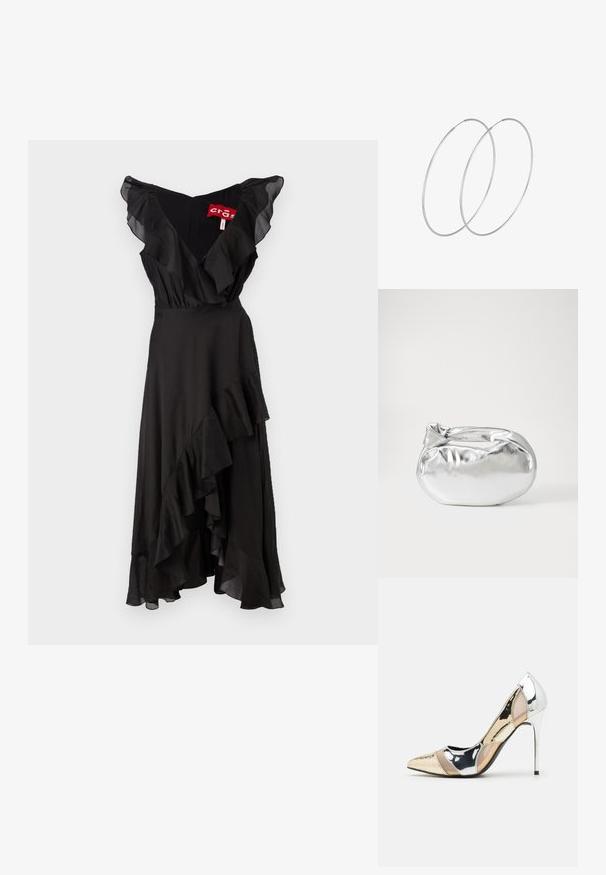 Čierne šaty s volánovými rukávmi a vrstveným lemom. Vyrobené z mäkkého materiálu, s výstrihom do V a voľným siluetou.; Lodičky s špičatou špičkou v striebornom, zlatom a telovom farebnom prevedení. Lesklý povrch s výrezovým dizajnom, s ihlovým opätkom.; Strieborná metalická taška s mäkkým, zaobleným tvarom a uzáverom s uzlíkom. Vyrobená z hladkej syntetickej kože.; Strieborné kruhové náušnice s minimalistickým dizajnom. Cirkulárny tvar, hladký povrch a tenký profil. Ľahké s lesklým povrchom.