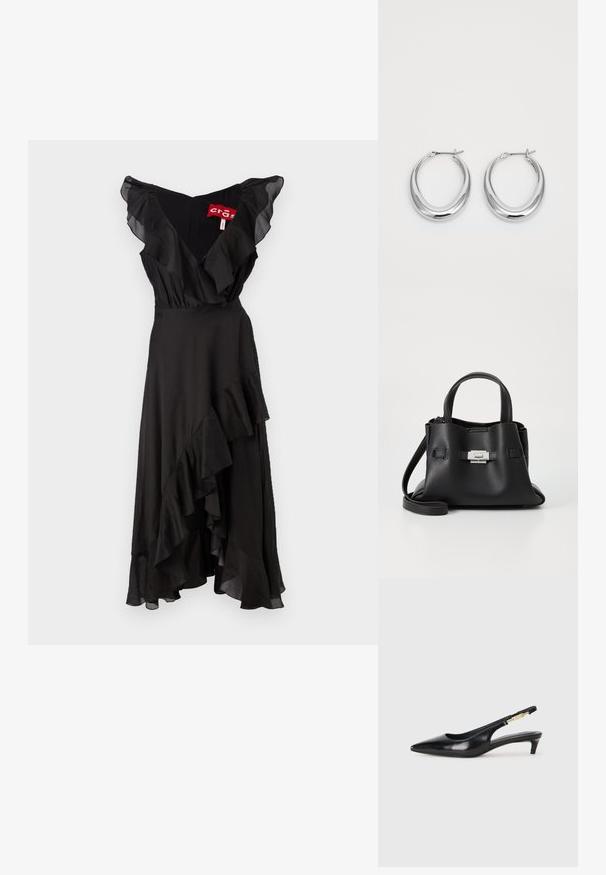 Vestido preto com mangas onduladas e bainha em camadas. Feito de tecido suave, apresenta um design de decote em V e uma silhueta fluida.; Saltos slingback em couro preto com bico fino, apresentando um salto esguio e um detalhe em tom dourado na alça ajustável. Textura suave.; Bolsa de mão de couro preto com um acabamento texturizado, apresentando duas alças superiores, uma alça de ombro destacável e um detalhe de fecho prateado.; Um par de brincos em forma de lua crescente, prateados e polidos, com fechos articulados sobre um fundo branco.