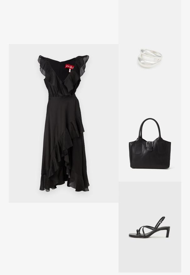 Musta mekko, jossa on röyhelöhihoja ja kerroksellinen helma. Valmistettu pehmeästä kankaasta, jossa on V-pääntie ja ilmava siluetti.; Mustat hihnalligat, joissa on neliön muotoinen kärki ja matala lohkokorko. Ominaisuuksiin kuuluu useita ohuita hihnoja ja säädettävä nilkkahihna. Valmistettu sileästä nahasta.; Musta nahkainen olkalaukku, jossa on sileä pinta, ryhdikäs muoto, kaksi kahvaa ja silmienpistävä hopeinen solkiyksityiskohta edessä.; Hopeinen kaksinkertainen rengas, jossa on sileä, kiillotettu pinta. Siinä on sulava, kaareva muotoilu, jossa on päällekkäisiä osia modernin ilmeen saavuttamiseksi.; Hopeinen kaksinkertainen rengas, jossa on sileä, kiillotettu pinta. Siinä on sulava, kaareva muotoilu, jossa on päällekkäisiä osia modernin ilmeen saavuttamiseksi.