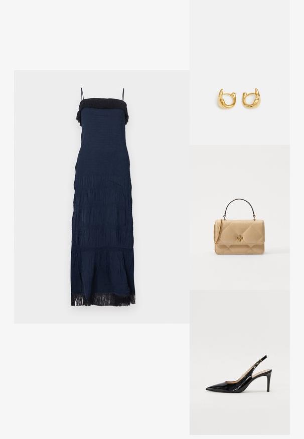 Tumesinist värvi rihmadeta kleit, millel on kortsutatud ülakeha, tekstuuriga kangas, kihilised volangid ja narmastega ääred. Reguleeritavad spagettrihmad.; Must hõbedavärvi patendiga slingback kontsakingad terava varbaga, kitsas konts ja peene lõikega disain. Statistika on kuldne pandla rihmal.; Kvaliteetne beež nahkst kandekott, millel on kuldne riistvara, ketirihm ja ülemine käepide. Omab esipaneeli ja allkirjalogo detaile.; Kuldsete rõngaste kõrvarõngad, millel on sile, ümar disain ja poleeritud pind. Kõrvarõngad on kompaktsed, suurte vormide ja sujuva klambriga.