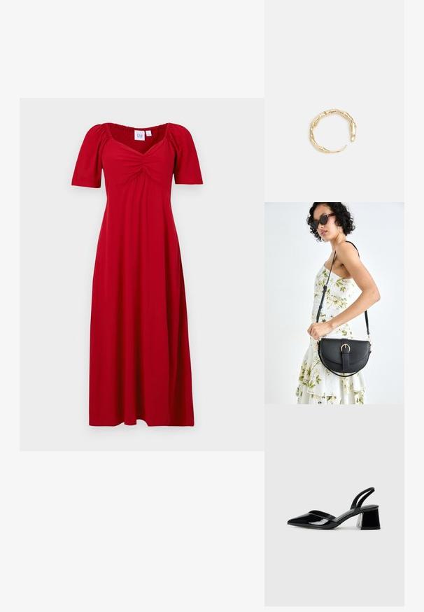 GAP PUFF SWEETHEART - Dnevna haljina - sled; Crne lakirane kožne sandale s otvorenom petom i špicastim vrhom, s geometrijskom blok petom. Imaju elegantan, minimalistički dizajn i glatku teksturu.; Crna kožna torba s lukovitim oblikom, odvojivim remenom i zlatnim detaljima. Torba ima preklop s kopčom.; Prsten u zlatnoj nijansi s organskim, uvijenim dizajnom, glatkom teksturom i suženim krajevima, koji stvara moderan, skulpturalni izgled.