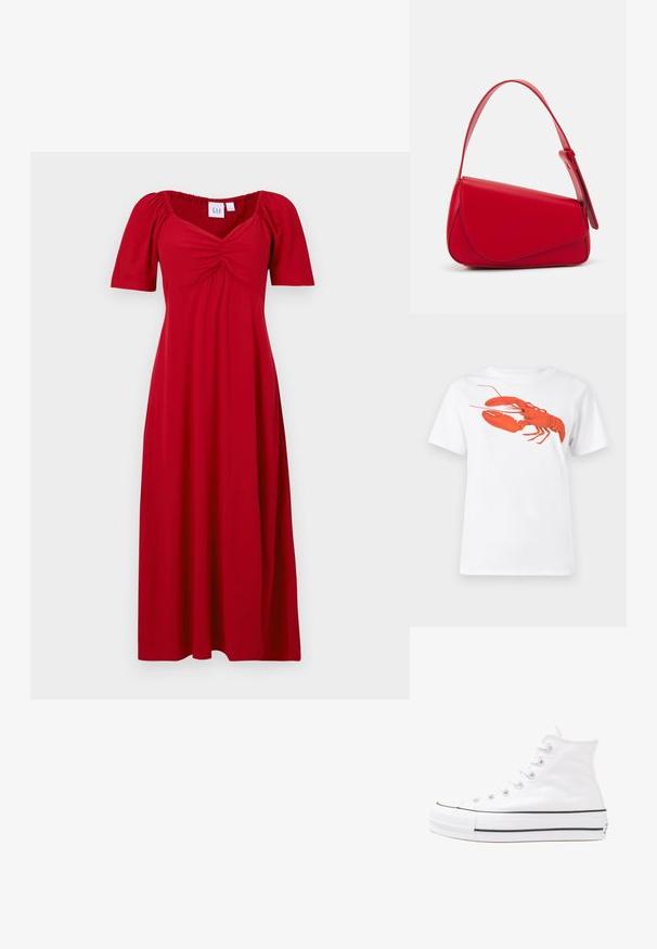 GAP PUFF SWEETHEART - Dienas kleita - sled; Balta kokvilnas T-krekls ar lielu, spilgti sarkanu omāru grafiku uz priekšu. Īsas piedurknes un standarta apļveida kakla dizains.; Balti augstie kanvas sporta apavi ar melnu gumijas zoli, priekšējo gumijas purngalu un sešām acīm lencēm, kuriem ir tīrs, minimālistisks dizains.; Sarkans ādas rokassomi ar stūrainu, ģeometrisku dizainu. Iekļauj vienu regulējamu siksnu un vāku ar izšūtu detaļu.