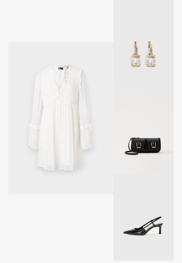 Bílé šaty s dlouhým rukávem, V výstřihem, volánkovými okraji a stahovací šňůrkou v pase. Vyrobeno z lehké, průsvitné tkaniny.; Černé lakované slingback podpatky s špičatou špičkou, zdobené texturovaným hadím vzorem, nastavovacím páskem a krátkým texturovaným blokovým podpatkem.; Černá kožená crossbody taška se dvěma předními kapsami, zlatými přezkami, zipovým uzávěrem a štíhlým popruhem. Texturovaný povrch a kompaktní obdélníkový tvar.; Náušnice ve zlatém odstínu s obdélníkovým, průhledným krystalem zavěšeným pod řadou malých, kulatých průhledných akcentů. Elegantní, moderní design.