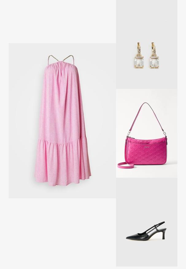 Roza bezrukavna haljina s nabranim korzetom, volanastim rubom i dekorativnim lančanima naramenicama. Ima teksturirani uzorak po cijeloj površini.; Crne lakirane slingback pete s oštrim vrhom, s teksturiranim uzorkom zmijske kože, podesivom remenom i kratkom, teksturiranom blok-petom.; Kompaktna ružičasta torbica od teksturirane kože, s reljefnim uzorkom logotipa, zatvaranjem na zip i podešivim remenom.; Zlatne naušnice s pravokutnim, prozirnim kristalom koji visi ispod niza malih, okruglih prozirnih akcenata. Elegantni, moderni dizajn.