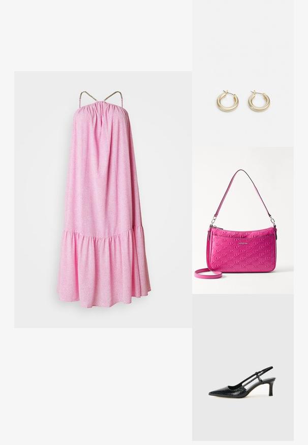 Roze, mouwloos jurk met een geraffineerde lijfje, gerimpelde zoom en decoratieve kettingbanden. Heeft een gestructureerd patroon over het geheel.; Zwart patent slingback hak met een spitse neus, voorzien van een gestructureerde slangenprint, verstelbare band en een korte, gestructureerde blokhak.; Compact roze handtas van gestructureerd leer, met een reliëf logo patroon, een ritssluiting en een verstelbare schouderband.; Lauren Ralph Lauren BASIC SMALL HOOP - Oorbellen - gold-coloured