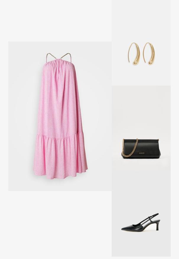 Rosa, ärmelloses Kleid mit gerafftem Oberteil, Rüschensaum und dekorativen Kettenträgern. Verfügt über ein strukturiertes Muster über das gesamte Kleid.; Schwarze Lack-Slingback-Pumps mit spitzem Zehenbereich, versehen mit strukturiertem Schlangenprint, verstellbarem Riemen und einem kurzen, strukturierten Blockabsatz.; Schwarze Leder-Clutch mit einer goldenen Ketten-Trage, die eine glatte Oberfläche, rechteckige Form und geprägtes Branding auf der Vorderseite aufweist.; Goldfarbene Metall-Hoops mit einer geschwungenen, länglichen Form. Sie verfügen über eine glatte, glänzende Oberfläche und eine abgerundete Spitze für zusätzliche Details.