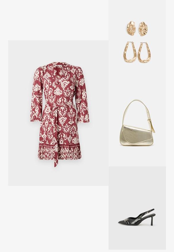 Robe à motifs rouges et blancs avec une taille à nouer, des manches longues et un décolleté en V. Présente un design floral et géométrique complexe.; Chaussure slingback en cuir verni noir avec un embout pointu, des brides de cheville avec des boucles en argent et des éléments en métal, et un talon fin.; Sac à main en métal doré avec un design structuré, texture lisse et bandoulière ajustable. Présente une forme triangulaire unique et des coutures minimalistes.; Boucles d'oreilles dorées présentant des formes texturées et ondulées. Comprend des clips sculpturaux et un design de créoles ouvertes avec une finition martelée.