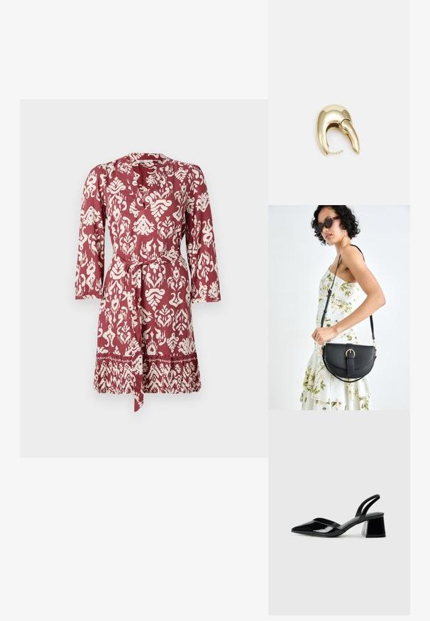 Vestido de rayas rojas y blancas con cintura anudada, mangas largas y escote en V. Presenta un intrincado diseño floral y geométrico.; Zapatos de tacón slingback de charol negro con punta afilada y tacón geométrico en bloque. Presentan un diseño elegante y minimalista, así como una textura suave.; Bolso de piel negra con forma curva, correa desmontable y herrajes dorados. El bolso cuenta con una solapa con un detalle de hebilla.; Pendiente de metal en tono dorado con un diseño elegante y curvado. Presenta una forma puntiaguda distintiva, superficie pulida y cierre de bisagra.