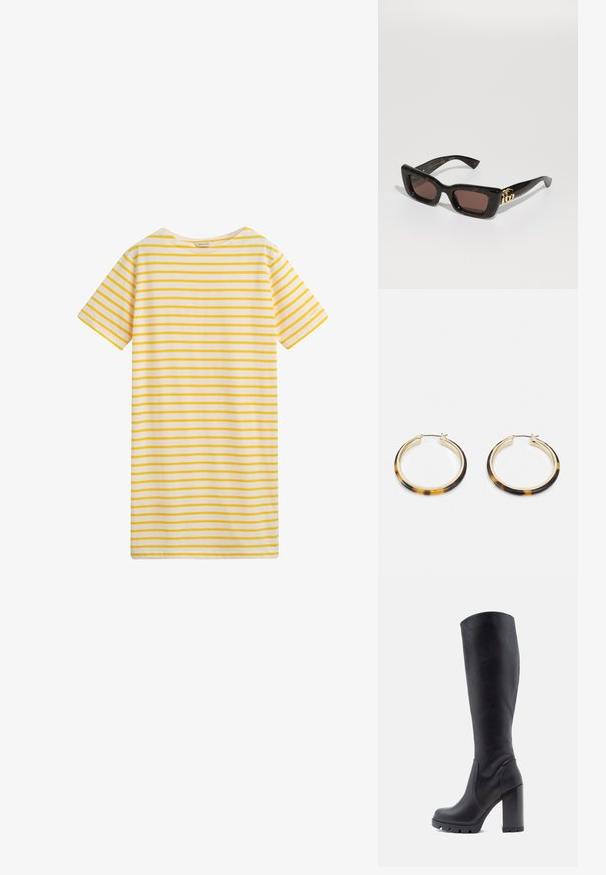 Rövid ujjú ruha puha anyagból, sárga és fehér vízszintes csíkokkal. Egyszerű, kerek nyakú, egyenes szabású, és nincs látható fémrész.; Fekete, térdig érő csizma, sima bőrből készült, vastag sarkú, kerek orrú, tapadóval ellátott, textúrált talppal, letisztult dizájn, díszítések nélkül.; Fekete teknőctoll mintás napszemüveg téglalap alakú lencsékkel, barna színű árnyékolással, vastag kerettel és arany kettős G logó díszítéssel a szárakon.; Arany tónusú karika fülbevalók teknősbékalábas mintázatú gyantaszegéllyel, sima felülettel és elegáns, kör alakú formával.