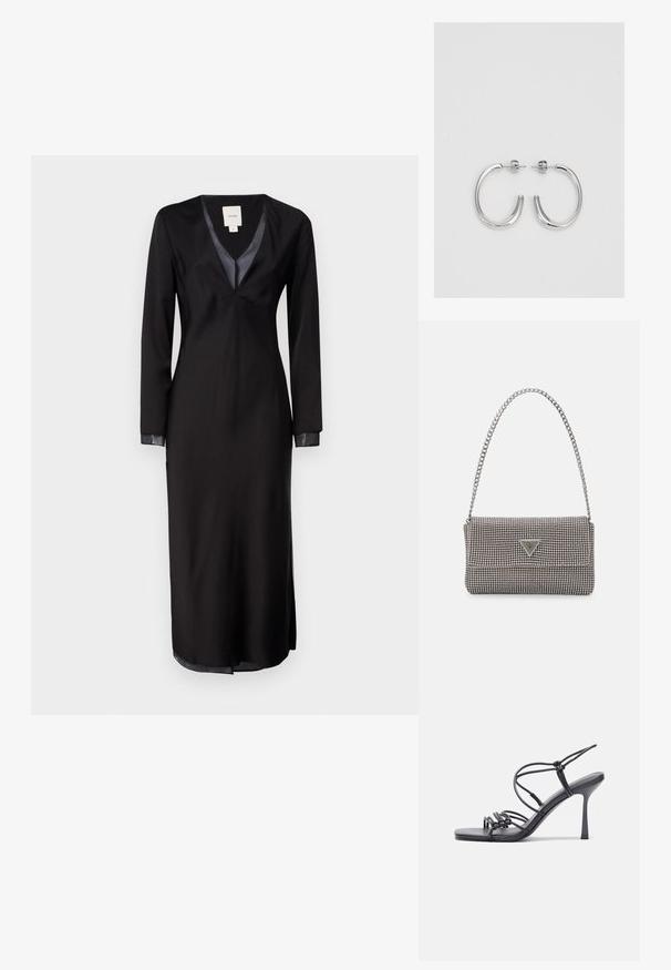 Juoda ilgomis rankovėmis suknelė iš lygios medžiagos, su giliu V formos kaklu, satino akcentais ant apykaklės ir šoninėmis plyšėmis, užtikrinančiomis patogumą judant.; Juodos aukštakulnės sandalai pasižymi plonyčiais dirželiais su mazgo dizainu, lygiu kvadratiniu pirštu ir elegantišku stiletto kulnu.; Šviesiai pilka metalinė rankinė su grandinėlės dirželiu, papuošta mažais apvaliais metaliniais smeigėmis ir trikampiu prekės ženklu.; Sidabrinės auskarai žiedai su lygiu, blizgiu paviršiumi. Suapvalinta forma, lengvas dizainas, su uždarymu ant smeigtuko.
