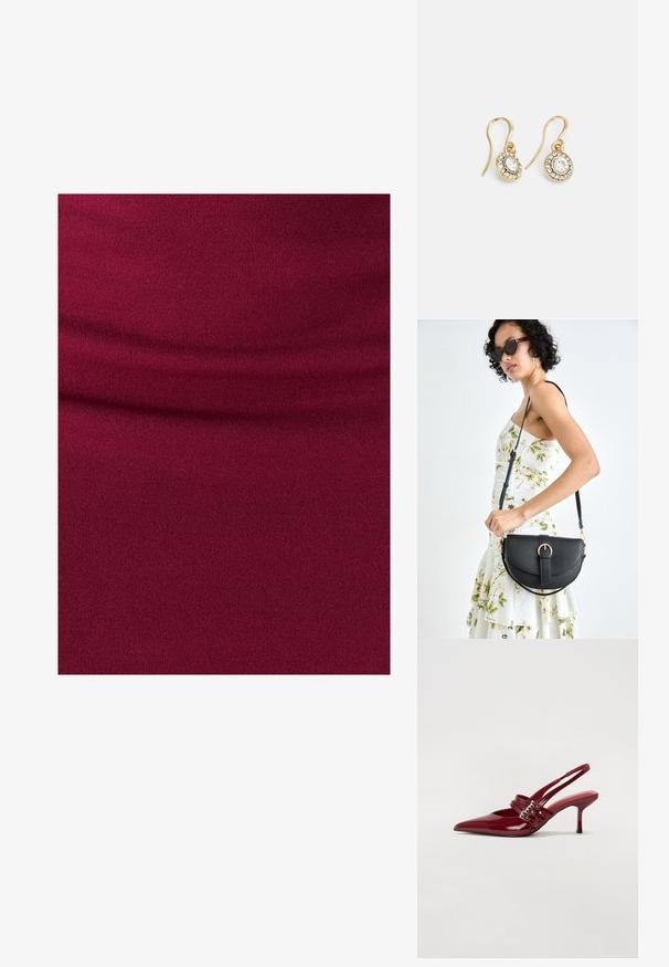 Burgundská elastická látka s hladkým povrchem, která se vyznačuje jemnými drapériovými detaily. Rovina barevná, žádné vzory ani kovové prvky.; Červené lakované kožené lodičky na podpatku s špičatou špičkou, dvěma přezkami a štíhlým, středně vysokým jehlovým podpatkem. Hladký povrch.; Černá kožená kabelka s křivkovým tvarem, odnímatelným popruhem a zlatými detaily. Kabelka má klopu s přezkou.; Náušnice ve zlatém tónu s oválnými průhlednými krystaly obklopenými menšími průhlednými kameny, se zapínáním na háček pro bezpečné nošení.
