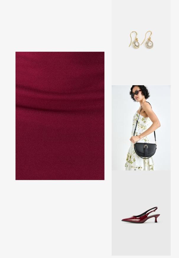 Bordo elastinga medžiaga su švelniu tekstūra, turinti subtilių drapiruotės detalių. Vienodai spalvota, be raštų ar metalinių detalių.; Burgundiško lakuoto odos slingback kulniukai su smailiu smailiu ir elegantišku stiletto kulnu. Atvira nugaros konstrukcija su reguliuojamu kulkšnies dirželiu.; Juodas odinis krepšys su išlenkta forma, nuimamu dirželiu ir auksiniais detalėmis. Krepšys turi kilpą su sagtimi.; Aukso spalvos auskarai su ovalo formos skaidriais kristalais, apjuostais mažesniais skaidriais akmenukais, su kabliuko dizainu, užtikrinančiu saugų dėvėjimą.