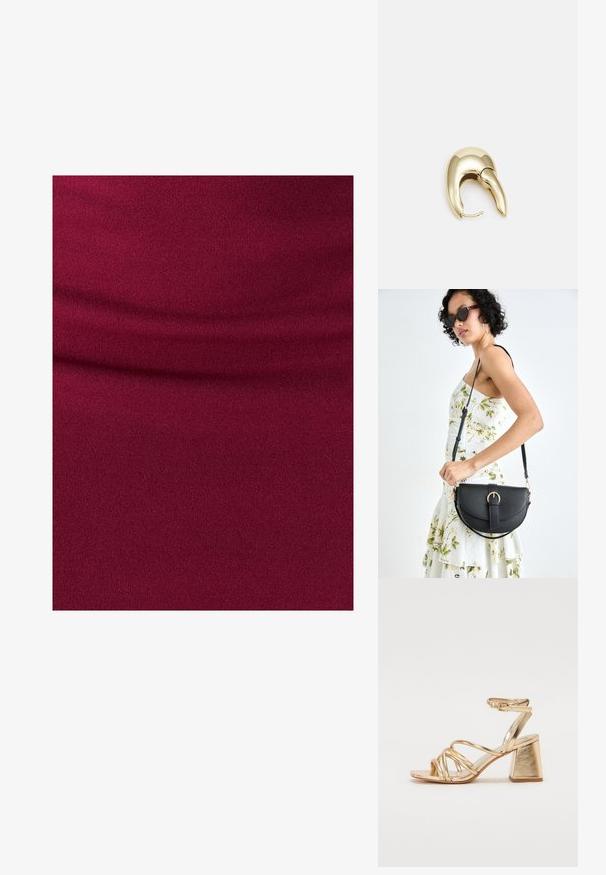 Burgundská elastická látka s hladkým povrchem, která se vyznačuje jemnými drapériovými detaily. Rovina barevná, žádné vzory ani kovové prvky.; Zlaté metalické sandály na podpatku s páskovým designem, čtvercovým blokovým podpatkem a nastavitelným kotníkovým popruhem se sponou. Hladký povrch.; Černá kožená kabelka s křivkovým tvarem, odnímatelným popruhem a zlatými detaily. Kabelka má klopu s přezkou.; Náušnice ve zlatém tónu z kovu s elegantním zakřiveným designem. Vyznačují se jedinečným špičatým tvarem, lesklým povrchem a závěsem na kloub.