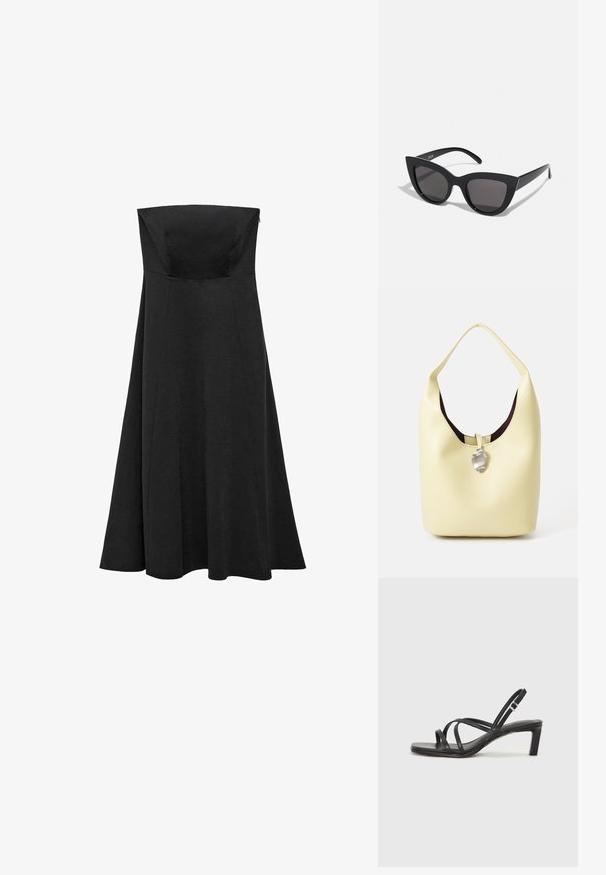 Musta olkaimeton mekko, jossa on tiukka varsi ja levenevä, lattiatason helma. Valmistettu sileästä kankaasta, jossa ei ole näkyviä kuvioita tai yksityiskohtia.; Mustat hihnalligat, joissa on neliön muotoinen kärki ja matala lohkokorko. Ominaisuuksiin kuuluu useita ohuita hihnoja ja säädettävä nilkkahihna. Valmistettu sileästä nahasta.; Mustat kissansilmäaurinkolasit, joissa on matta pinta, harmaansiniset linssit, terävät kulmat ja tyylikkäät sivuvarret. Brändin nimi näkyy sisävarsissa.; Hobo-laukku pehmeässä keltaisessa nahassa, jossa on pyöreä muoto. Ominaisuuksiin kuuluu sileä pinta, tumma vuori ja hopeasävyinen yksityiskohta suljennassa.