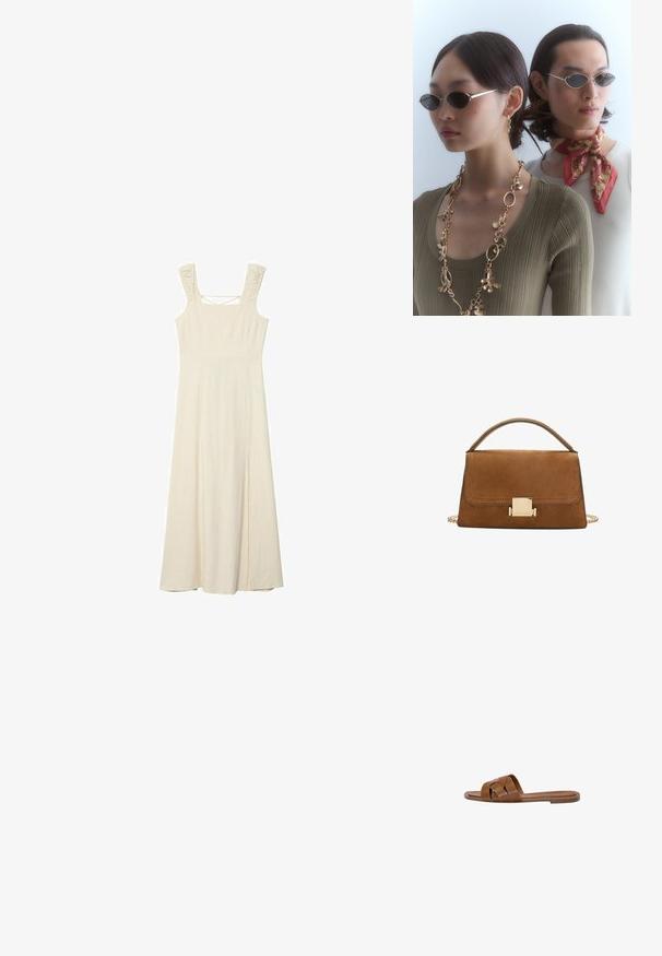 Sleeveless, cream-colored maxi dress with a fitted bodice, textured straps, and a side slit for ease of movement. Soft, lightweight fabric.; Brown leather slide sandal with crossed straps, flat sole, and a smooth texture. Simple design without embellishments or patterns.; Round sunglasses with dark lenses and thin silver frames. One person wears a gold chain necklace, while another has a red patterned scarf.; Brown suede handbag with a gold square clasp, top handle, and chain strap. Features a rectangular shape and rounded edges.