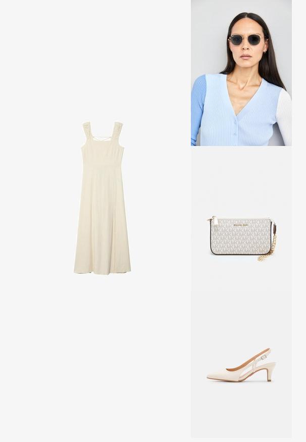 Sleeveless, cream-colored maxi dress with a fitted bodice, textured straps, and a side slit for ease of movement. Soft, lightweight fabric.; White slingback heel with a pointed toe, smooth upper material, low block heel, and side cut-out design with adjustable buckle strap.; Round sunglasses with dark lenses and gold frames. The model wears a light blue, ribbed cardigan with buttons and contrast white sleeves.; Michael Kors wristlet in beige coated canvas featuring a repeating MK logo pattern, gold hardware, and a detachable chain strap.