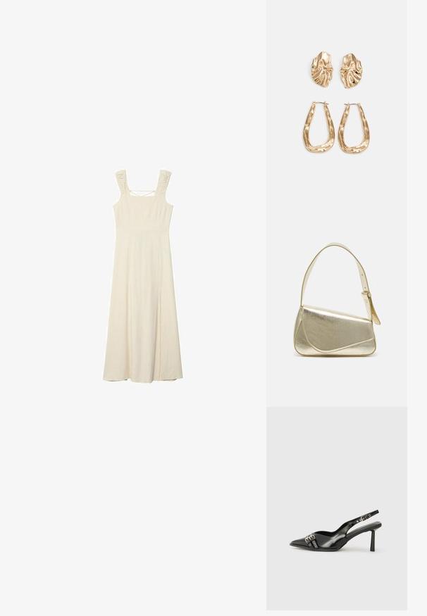 Bela maxi obleka brez rokavov, s prilegajočim se telovnikom, teksturiranimi naramnicami in stranskim razporkom za enostavno gibanje. Mehka, lahka tkanina.; Črne patentne usnjene sandale s koničastim nosom, zankami okoli gležnja s srebrnimi sponkami in opremo ter vitkimi petami.; Zlata metalna torbica z urejenim dizajnom, gladko teksturo in nastavljivim trakom. Ima edinstveno trikotno obliko in minimalistično šivanje.; Zlato obarvani uhani z teksturiranimi, valovitimi oblikami. Vključujejo skulpturalne sponke za ušesa in odprto obliko obročka s kladivastim finišem.