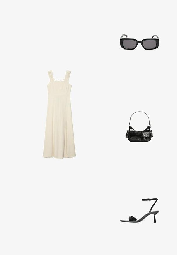 Bezramínkové maxi šaty v krémové barvě s přiléhavým korzetem, texturovanými ramínky a bočním rozparkem pro snadný pohyb. Měkká, lehká látka.; Bershka Sandály na vysokém podpatku - black; Černé obdélníkové sluneční brýle s tmavými skly, hladkým plastovým rámem a zakřivenými stranicemi. Design je robustní s minimalistickou estetikou.; Černá lakovaná kožená kabelka s křivkovým tvarem, jedním ramenním popruhem, předními kapsami a stříbrnými kovovými detaily.