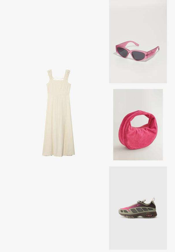 Sleeveless, cream-colored maxi dress with a fitted bodice, textured straps, and a side slit for ease of movement. Soft, lightweight fabric.; Athletic shoe featuring a mix of olive green and dark brown materials with pink accents. Textured upper and visible air cushioning in sole.; Pink transparent sunglasses with angular, cat-eye shape, dark tinted lenses, and embossed text on the temple reading "THE SUNGLASSES."; Next MINI HELD - Handbag - pink