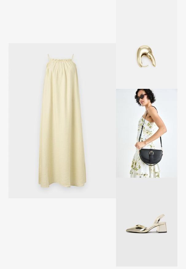 Ujjatlan, földig érő ruha világossz sárga szövetből. Ráncolt dekoltázs jellemzi, sima, folyékony textúrával. Egyszerű, A vonalú silhuett.; Arany, fémből készült slingback sarkú cipők hegyes orral és vastag sarokkal. Simaság, minimalista design és keskeny pánt jellemzi.; Fekete bőrtáska ívelt formával, levehető pánttal és arany színű fémrészekkel. A táskán egy csattal díszített fedél található.; Aranyszínű fém fülbevaló, elegáns, ívelt formával. Különleges hegyes alak, fényes felszín és zsanéros záródás jellemzi.