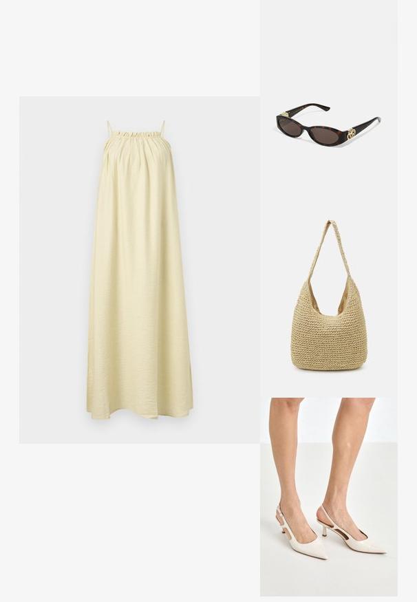 Ärmelloses, bodenlanges Kleid aus hellgelbem Stoff. Hat einen gerafften Ausschnitt und eine glatte, fließende Textur. Schlichte, A-Linien Silhouette.; Beige Lackleder Slingback-Absätze mit spitzem Fuß und 5 cm Absatz, mit ausgeschnittenen Seiten und einem schmalen Knöchelriemen.; Schildpatt-Sonnenbrille mit länglich-ovalen Gläsern, braunem Farbton, goldenen Logo-Akzenten an den Bügeln und schlanken schwarzen Bügeln.; Geflochtene Strohtasche in hellbeige, mit einem gebogenen Schulterriemen und einem geräumigen, offenen Design mit strukturierten Oberflächen.