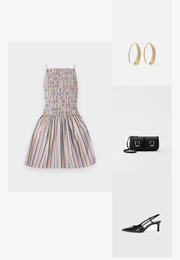 Lengvas, margas dryžuotas suknelė su surinkta krūtine, plonomis petnešėlėmis ir platėjančia sijona, turinti vertikalius raštus įvairių spalvų.; Juodai lakuoti slingback aukštakulniai su smailiu nosiu, su tekstūruotu gyvatės raštu, reguliuojama juosta ir trumpu, tekstūruotu blokiniu kulnu.; Juodas odinis per petį nešiojamas krepšys su dviem priekiniais kišenėmis, auksiniais sagtimis, užtrauktuko uždarymu ir siauromis petnešomis. Textūruota paviršius ir kompaktiškas stačiakampis formatas.; Auksinės metalinės auskarų kabės su lenktą, pailgą forma. Turi lygų, blizgantį paviršių ir užapvalintą galiuką papildomam akcentui.