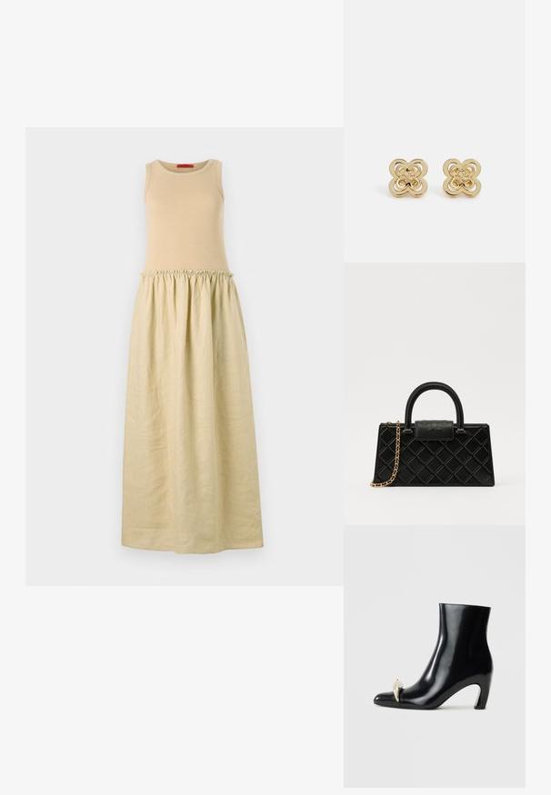 Hame dress tanpa lengan dengan atasan rajutan beige yang pas dan rok longgar beige muda yang berkerut. Tekstur lembut dan desain sepanjang lantai.; Mustat nilkkurit, jotka on valmistettu kiiltävästä nahasta, ja joissa on terävä kärki sekä koristeellinen kultainen ja hopeinen aksentti edessä. Laiton korko.; Mustaväri käsilaukku, joka on valmistettu teksturoidusta nahasta ja jossa on timanttikuvio, kultasävyinen ketjuolkaintassa ja pääkahva, jossa on logolla painettu läppä.; Tory Burch KIRA CLOVER STACKED STUD EARRING - Korvakorut - gold-coloured