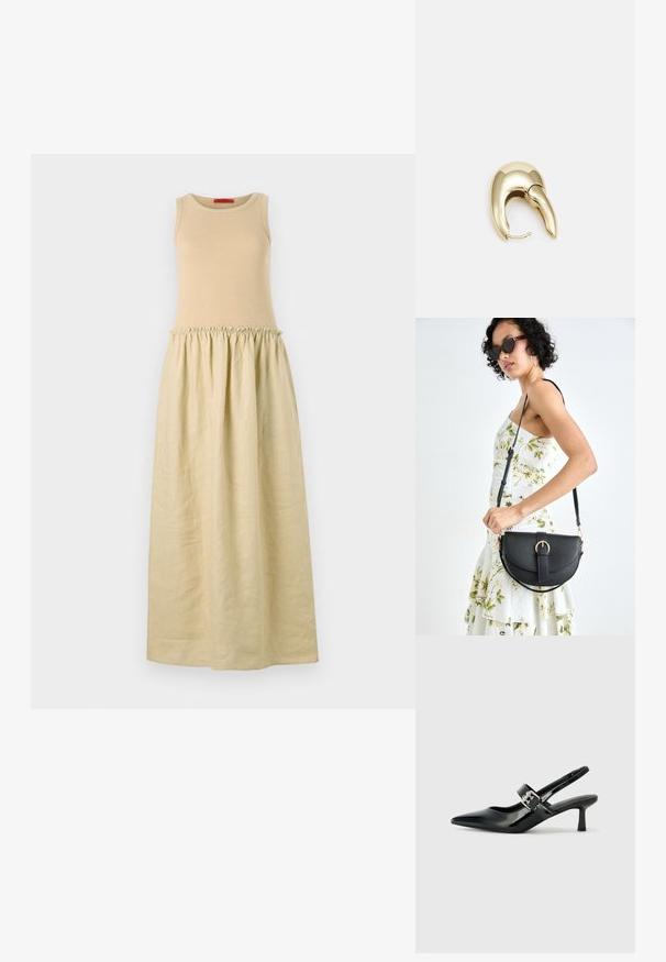 Sukienka bez rękawów z dopasowanym beżowym dzianinowym górnym partem i luźną, jasnobeżową spódnicą w formie zakładki. Miękka tekstura i długość do ziemi.; Czarne lakierowane szpilki slingback z wąskim noskiem i małym słupkiem, z ozdobnym srebrnym klamrą na pasku.; Czarna skórzana torebka o zakrzywionym kształcie, z odpinanym paskiem i złotymi akcentami. Torebka posiada klapę z zapięciem w kształcie klamry.; Złote metalowe kolczyki o eleganckim, zakrzywionym kształcie. Posiadają charakterystyczny szpiczasty kształt, polerowaną powierzchnię oraz zapięcie na zawias.