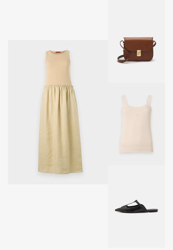 Sleeveless dress with a fitted beige knit top and a loose, light beige gathered skirt. Soft texture and floor-length design.; Beige ribbed tank top with thin straps and a rounded neckline. Features a stitched logo on the front. Smooth texture, fitted design.; Black leather slingback shoe with a pointed toe, featuring a woven accent and pleated upper design. Flat sole with minimal hardware.; Brown leather handbag with a flap closure, gold-tone hardware, a shoulder strap, and a smooth texture. Compact rectangular shape.
