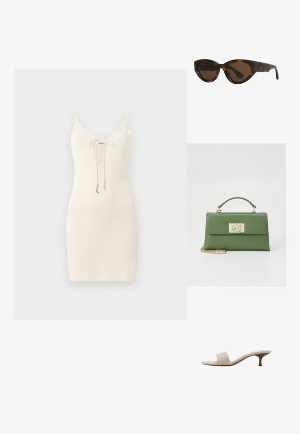 Bijela pletena haljina s naramenicama, dubokim V-dekolteom i prednjim vezanjem. Sadržava zlatne ukrasne šarmove na vezicama.; Sandal bez pete s bež gornjom tkaninom od pletenog materijala, otvorenom petom i zakrivljenim drvenim srednjim džonom. Dizajn se odlikuje glatkom teksturom i minimalističkim oblikom.; Mačkaste sunčane naočale u obliku mačjih očiju s smešnim lećama, imaju glatke, sjajne plastične okvire i elegantan dizajn. Nema vidljivih logotipa ili akcenta.; Zelena kožna torba sa strukturiranim oblikom, zlatnim metalnim detaljima, gornjom drškom i odvojivom lančanom remenom. Teksturirana površina s preklopom.