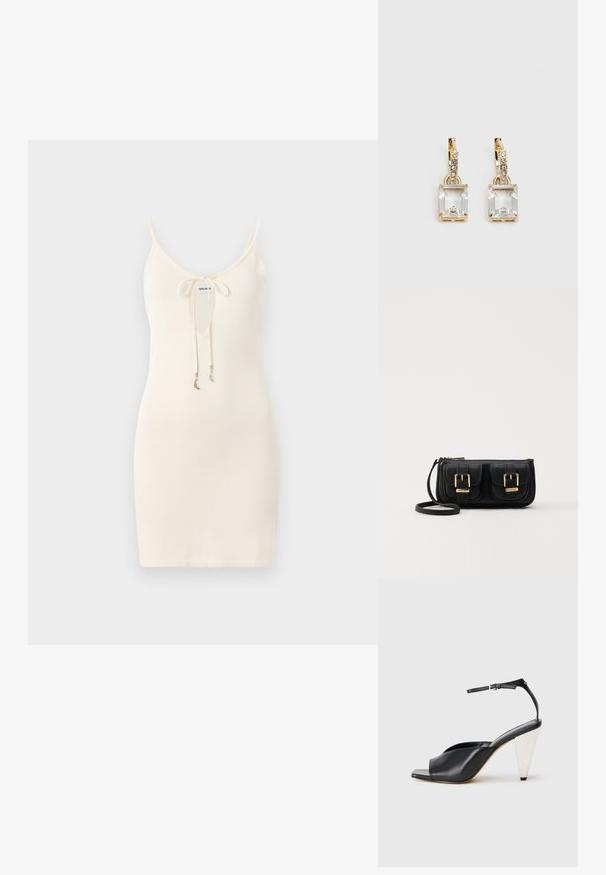 Valge kudumisega kleit, millel on õhukesed sangad, sügav V-kaelus ja eesrihmaga kinnitamine. Küljel on kuldse värviga dekoratiivsed ripatsid. ; Must mustril kõrge kontsaga sandaalid avatud varbaga, asümmeetrilise disainiga, pahkluukeevikuga ja metallilise koonusja kontsaga. Ühtlane tekstuur üle kogu.; Must küllastamata nahast õlakott, millel on kaks esist nähtavat taskut, kuldsed pandlad, tõmblukuga sulgemine ja peen rihm. Tekstuuriga pind ja kompaktne ristkülikukujuline kuju.; Kuldtooni kõrvarõngad, millel on ristkülikukujuline, selge kristall, mis ripub allapoole väikeste ümmarguste selgete aktsentide rida. Viimistletud, kaasaegne disain.