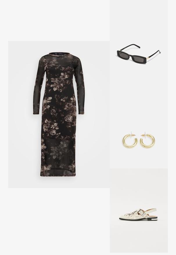 Črna cvetna obleka z dolgimi rokavi, prosojnim slojem in prilegajočim krojem. Ima okroglo izrezano odprtino in temno rjave cvetlične vzorce.; Sandal v slogu z odprtim peto v beli usnjeni obvali z več širokimi trakovi in srebrnimi zaponkami; ravni podplat z majhno črno peto in kovinskimi detajli.; Črne pravokotne sončne očala s temnimi lečami, sijajnim plastičnim okvirjem in zlatimi poudarki na ušesnih delu. Minimalistična zasnova in eleganten oblik.; Zlate uhane v obliki obročkov z gladko, sijočo površino. Krožna zasnova s majhnim nosilcem in prozornim podplatom za varno nošenje.