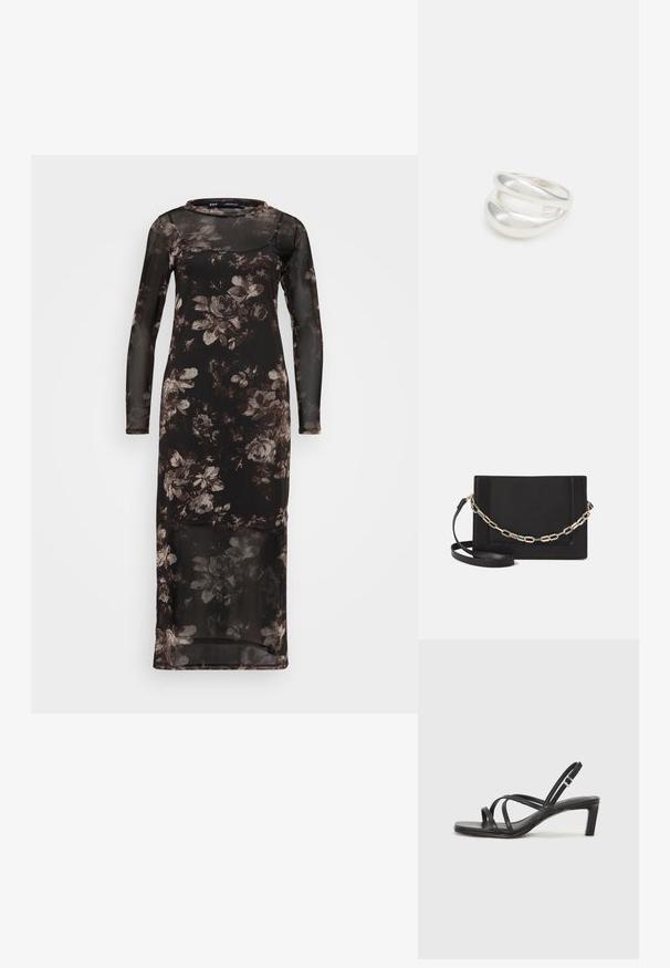 Czarna sukienka w kwiaty z długimi rękawami, przejrzystą warstwą i dopasowanym krojem. Posiada okrągły dekolt i ciemnobrązowe wzory kwiatowe.; Czarne sandały na obcasie z prostokątnym noskiem i niskim słupkowym obcasem. Posiadają wiele cienkich pasków i regulowany pasek na kostkę. Wykonane z gładkiej skóry.; Czarna skórzana torebka typu crossbody z gładką teksturą, prostokątnym kształtem oraz metalowym detalem w postaci łańcuszka z przodu. W zestawie regulowany pasek.; Srebrna obrączka podwójna z gładką, polerowaną powierzchnią. Posiada płynny, zakrzywiony kształt z nakładającymi się sekcjami, co nadaje nowoczesny wygląd.