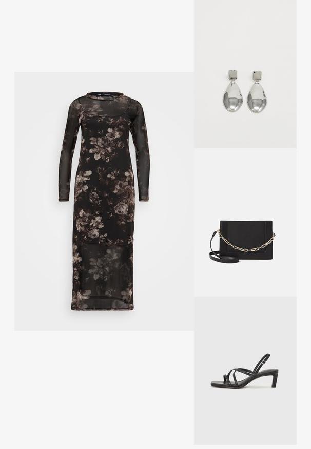 Schwarzes Blumenkleid mit langen Ärmeln, transparenter Überlagerung und taillierter Silhouette. Verfügt über einen runden Ausschnitt und dunkelbraune Blumenmuster.; Schwarze Sandale mit Riemchen, quadratischer Zehenform und niedrigem Blockabsatz. Verfügt über mehrere dünne Riemen und einen verstellbaren Knöchelriemen. Hergestellt aus glattem Leder.; Schwarze Leder-Crossbody-Tasche mit glatter Textur, rechteckiger Form und metallic-kettendetail auf der Vorderseite. Verstellbarer Gurt inklusive.; Silberne Tropfenohrringe mit einem quadratischen Stecker, die eine glatte, polierte Oberfläche und eine Tropfenform aufweisen, die Licht mit einer glänzenden Oberfläche reflektiert.